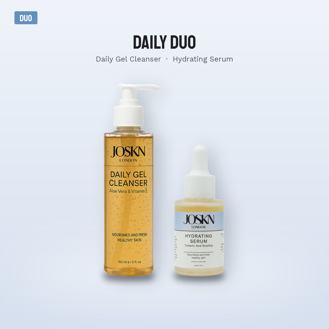 JOSKN Daily Duo: Daily Gel Cleanser and Hydrating Serum bottles shown together on a soft blue background with a DUO badge