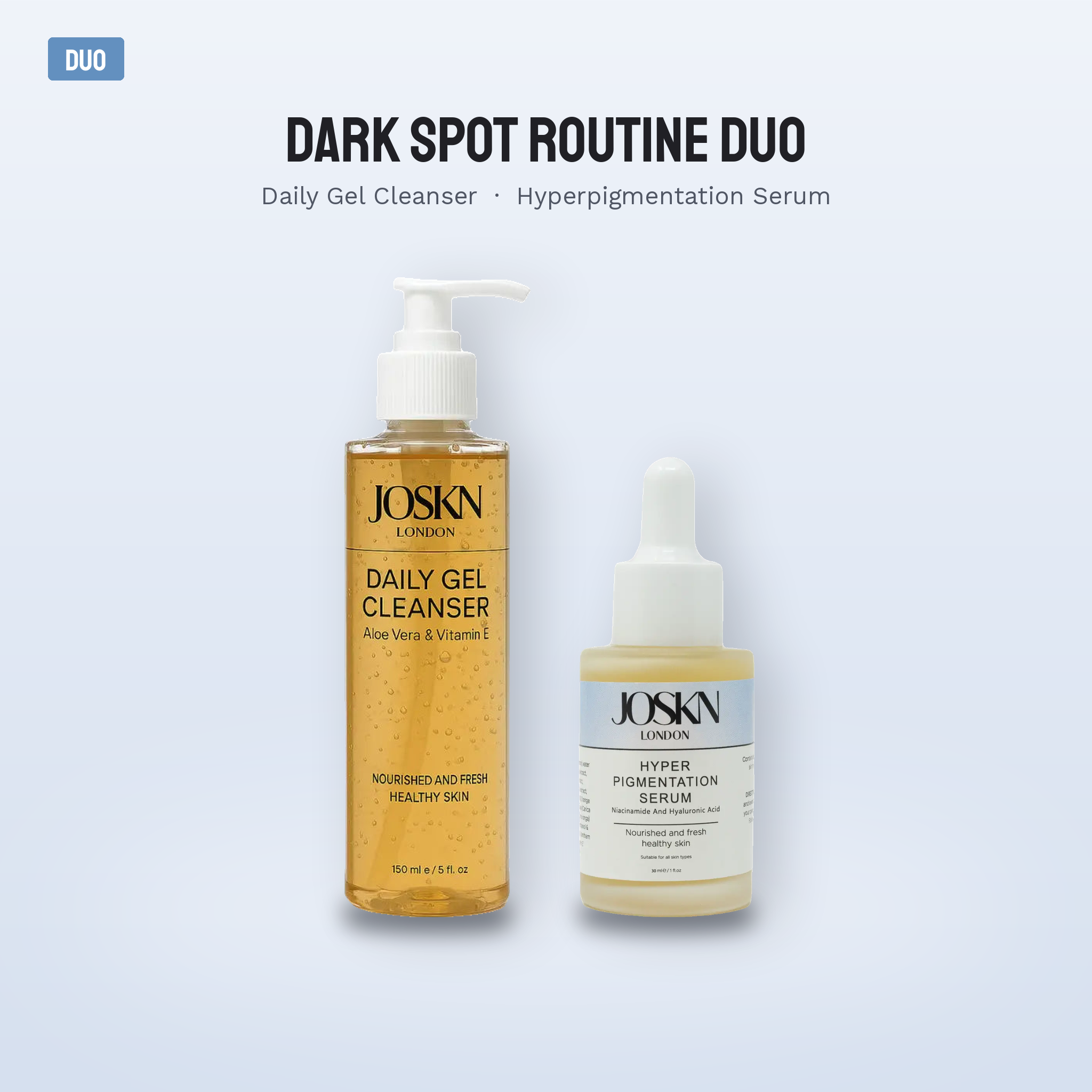 JOSKN Dark Spot Routine Duo: Daily Gel Cleanser and Hyperpigmentation Serum bottles shown together on a soft blue background with a DUO badge