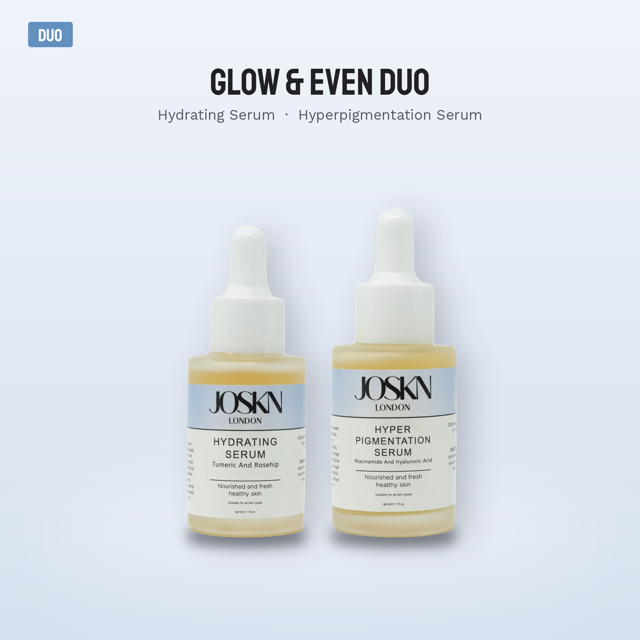 JOSKN Glow & Even Duo: Hydrating Serum and Hyperpigmentation Serum bottles shown together on a soft blue background with a DUO badge