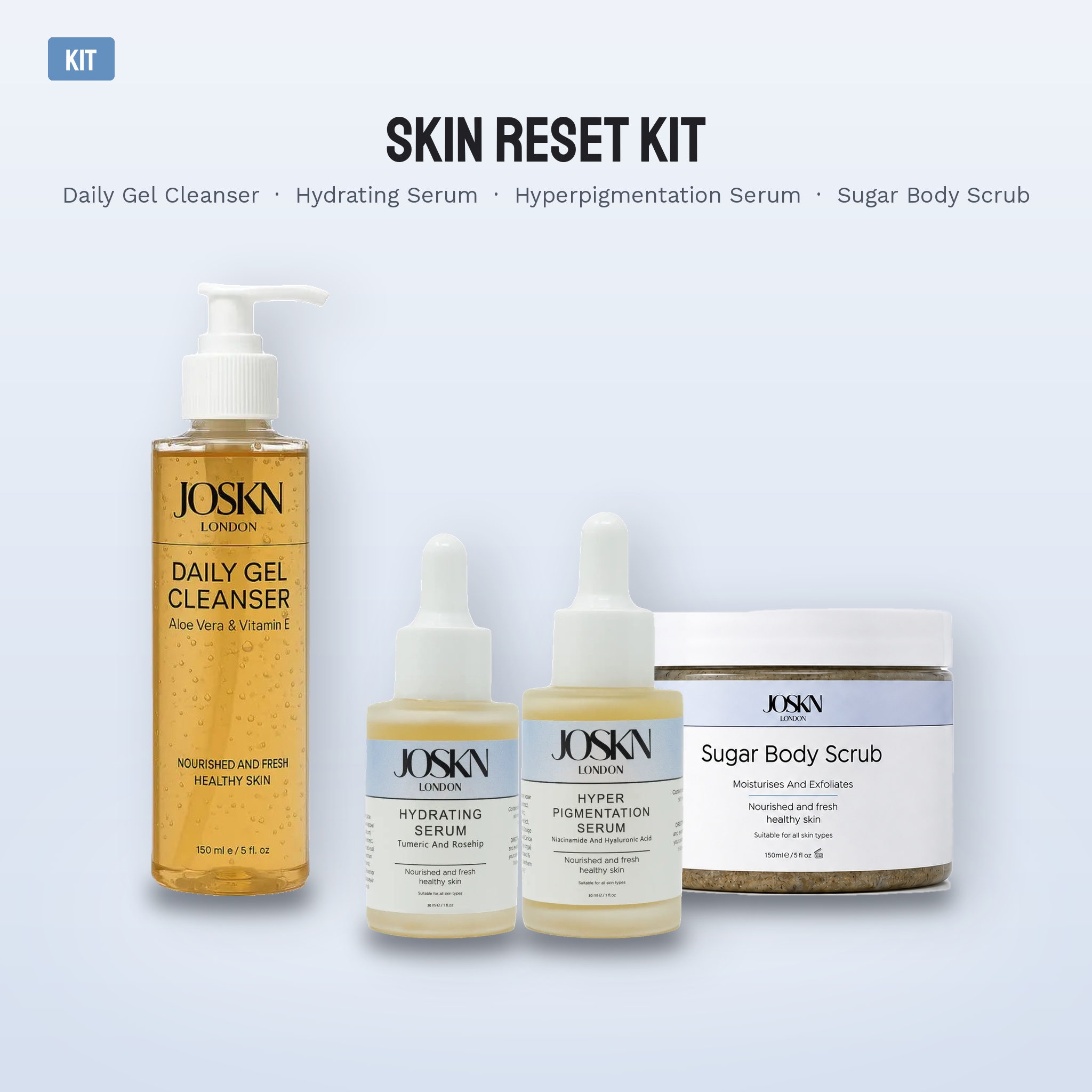 JOSKN Skin Reset Kit: Daily Gel Cleanser, Hydrating Serum, Hyperpigmentation Serum and Sugar Body Scrub shown together on a soft blue background with a KIT badge
