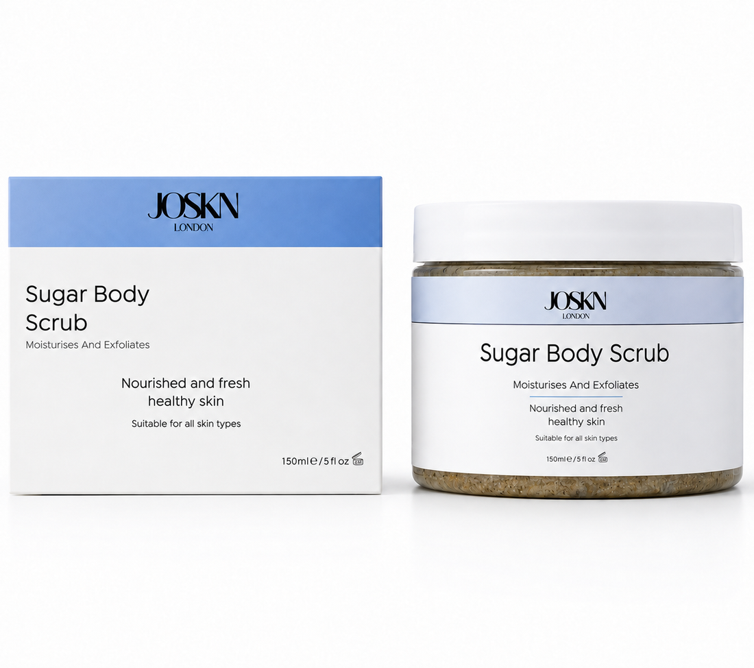 JOSKN Sugar Body Scrub jar next to its blue and white box on a white background, included in the Smooth & Hydrate Trio